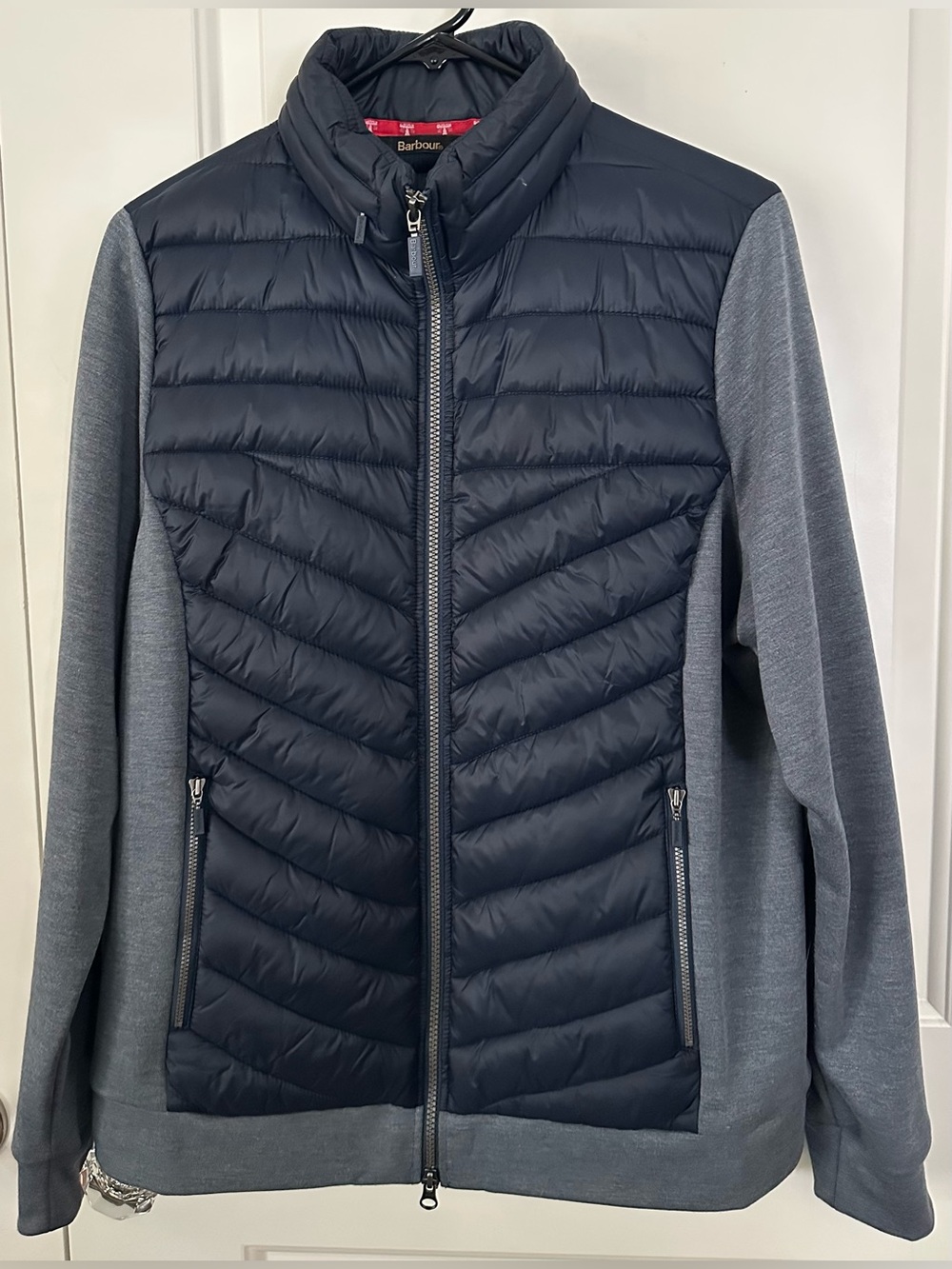 Barbour Exmouth Hybrid Sweatshirt Jacket Navy Gray Stowable Hood Size 14